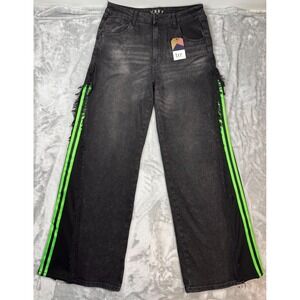 NWT VBRY Black Washed Neon Green Distressed Side Stripe Wide Leg Jeans 11 (W29)